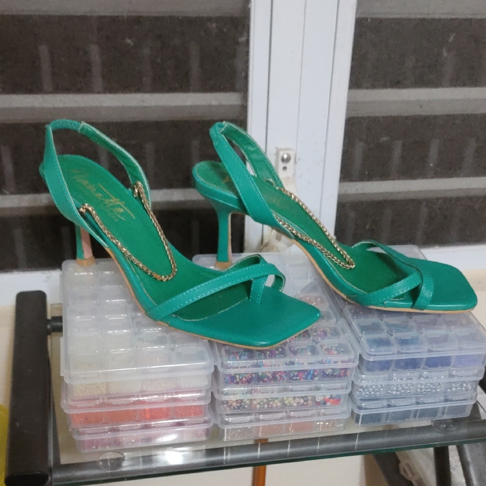 Green Slingback Heeled Sandals with Chain Detail - Women